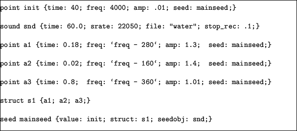 \begin{table}\frame{\begin{minipage}{6in}
{\singlespace \verbatiminput{audio/water/water.sc}}
\end{minipage}}
\end{table}