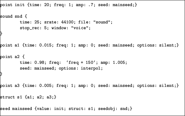 \begin{table}\frame{\begin{minipage}{6in}
{\singlespace \verbatiminput{audio/volcano/volcano.sc}}
\end{minipage}}
\end{table}